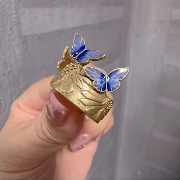 Anthropologie Gold Ring with Blue Butterfly Accents - Picture 3 of 7